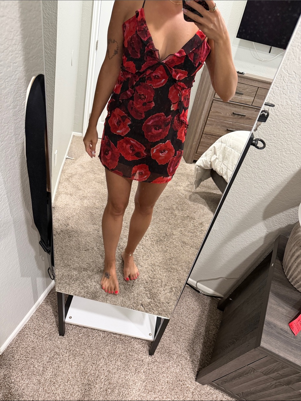 Pull&Bear Black Mini Dress with Red Floral Print
